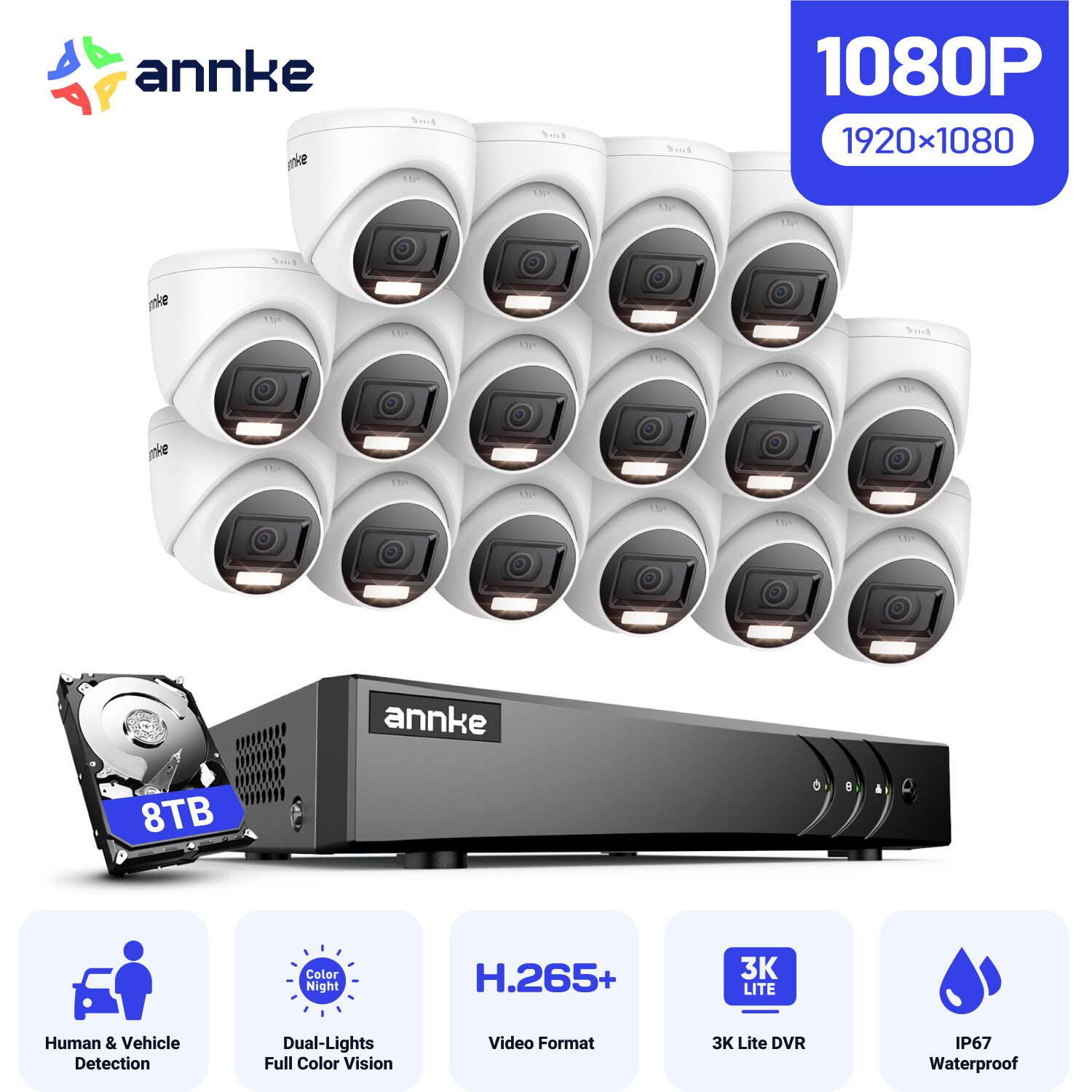 ANNKE 5MP Lite 16CH DVR 1080P Video Security Camera System AI Color Night Vision