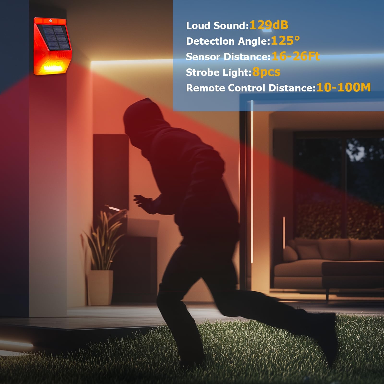 Solar Motion Sensor Alarm Outdoor Motion Detector 129db Loud Sound Security S…