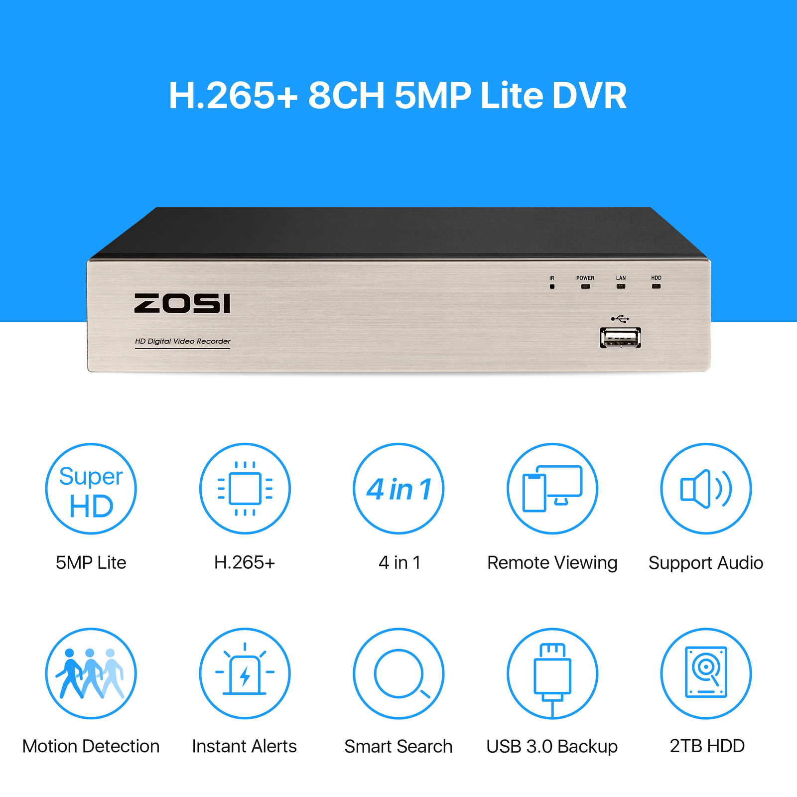 ZOSI 8CH 1080P Dome Security Camera System H.265+ 5MP Lite DVR NO HDD