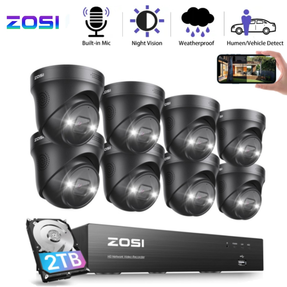 ZOSI 4K 8CH NVR PoE Dome Camera System Weatherproof Outdoor Two-Way Audio 2TB