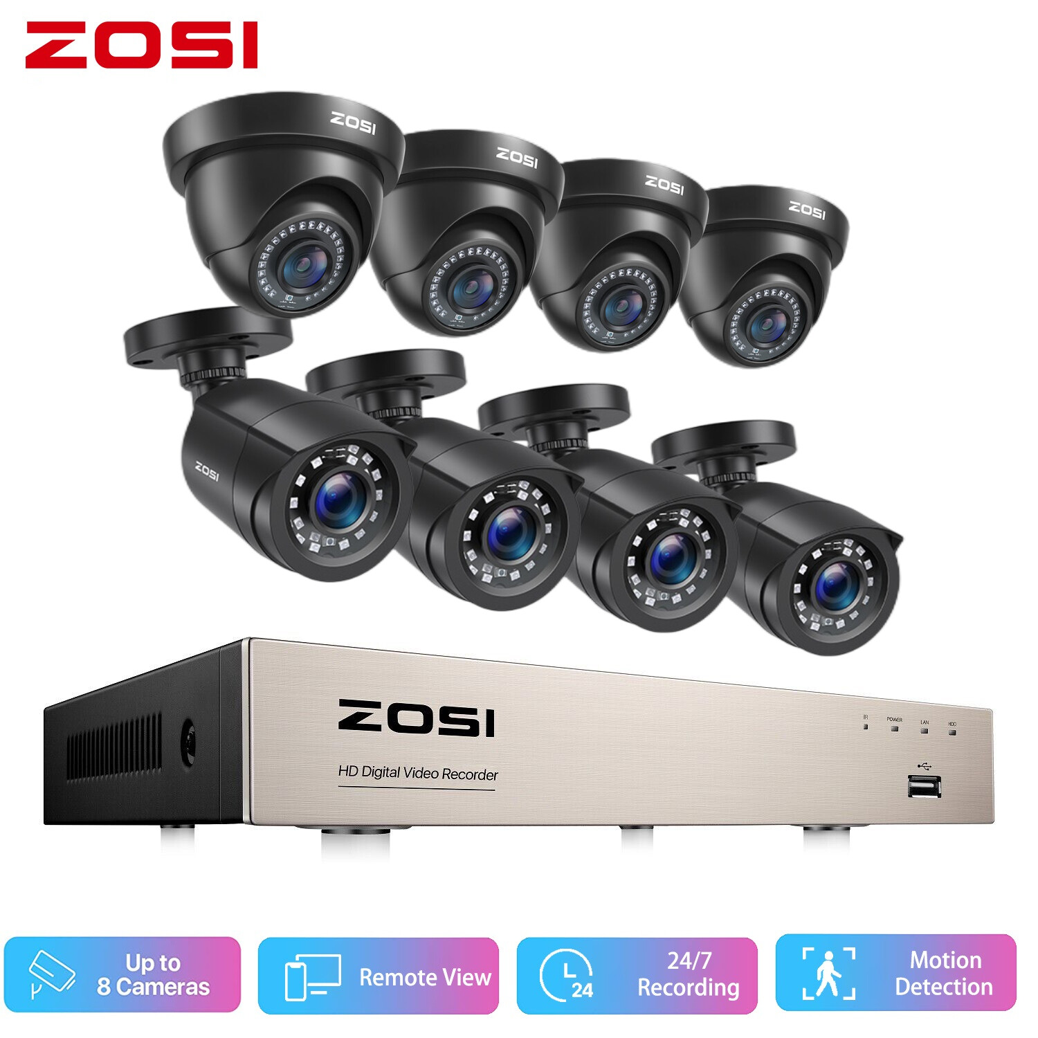 ZOSI 8CH H.265+ 5MP Lite DVR 2MP CCTV Home Security Camera System IR Night IP66