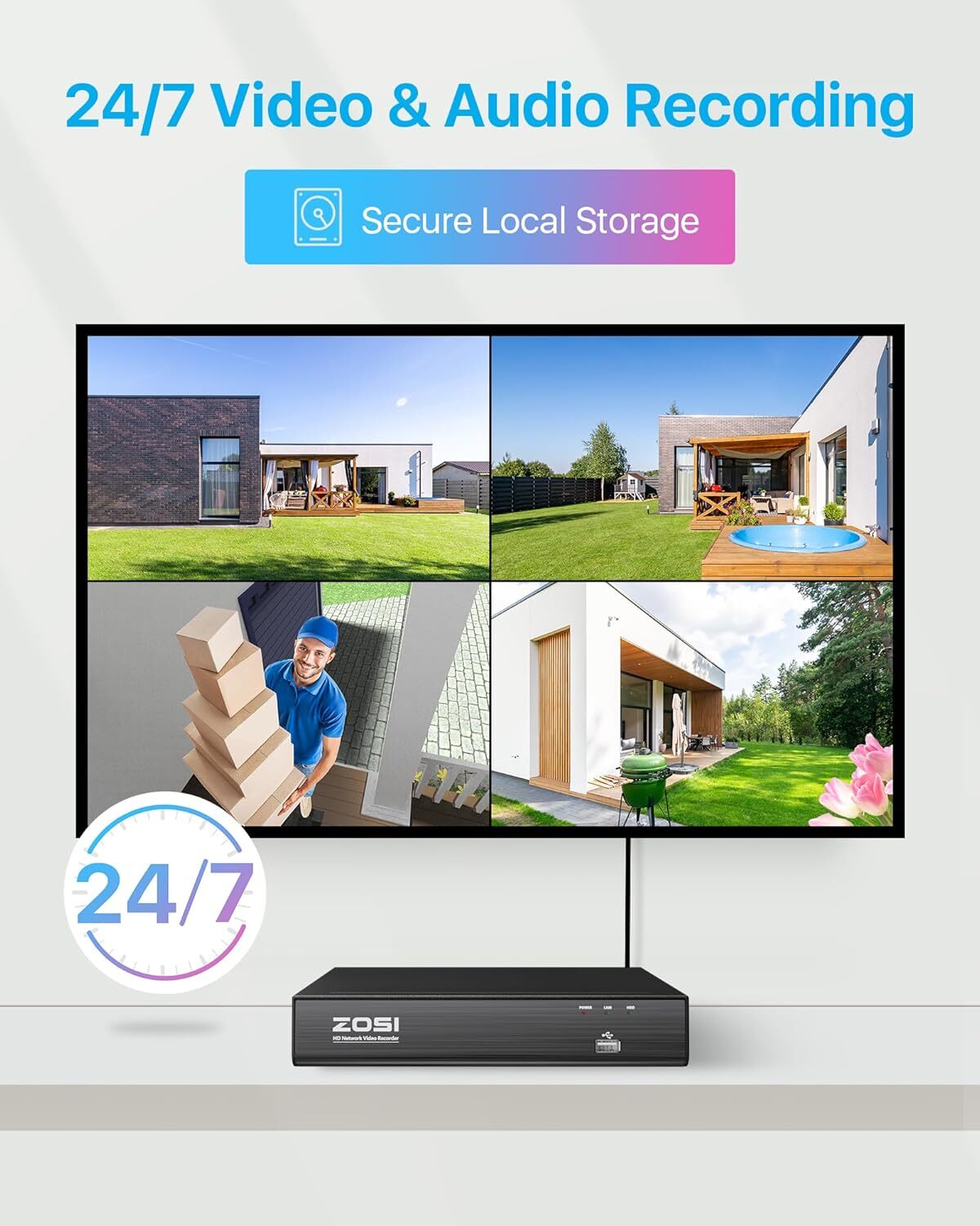 ZOSI 8CH H.265+ 2TB HDD NVR 4K 8MP PoE Security Camera System with Audio