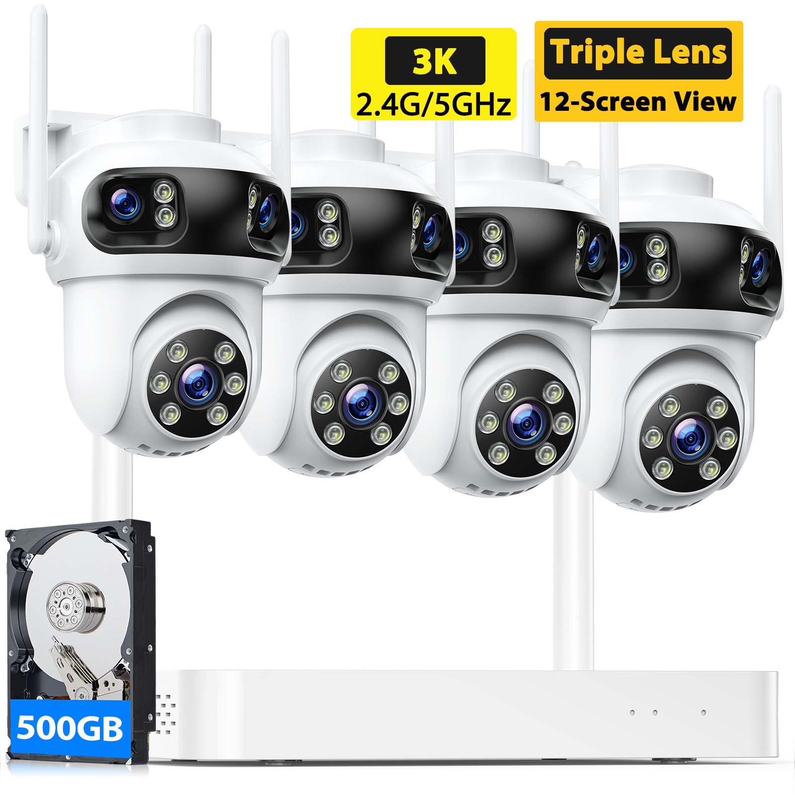 Triple-Lens Wireless Security Camera System 10CH NVR 3-Screen Simultaneous View
