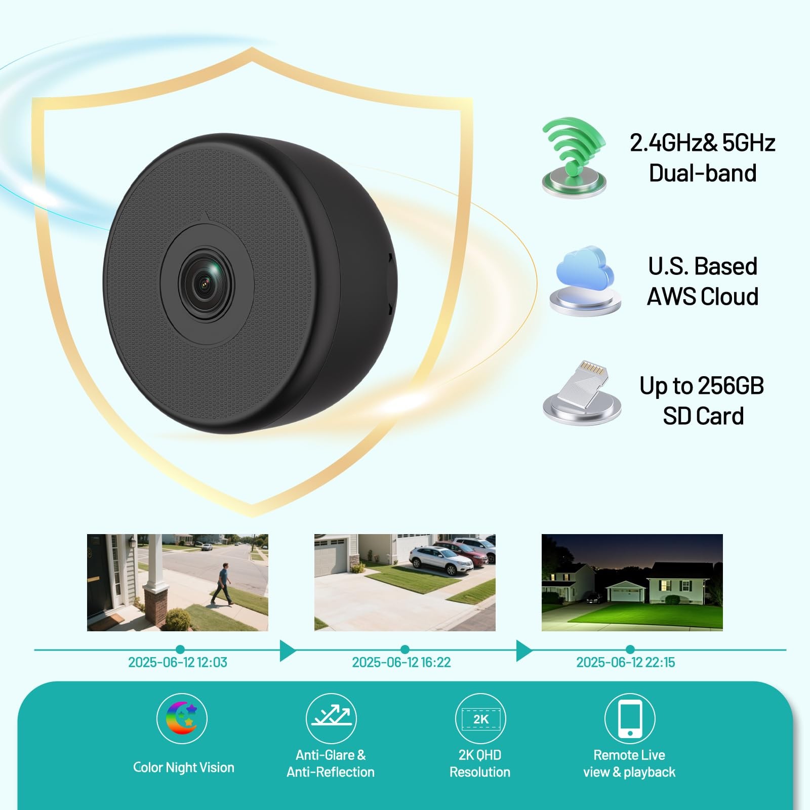 volmees 2K Window Camera, 5G & 2.4GHz WiFi Indoor Dome Camera Short-2P, Black