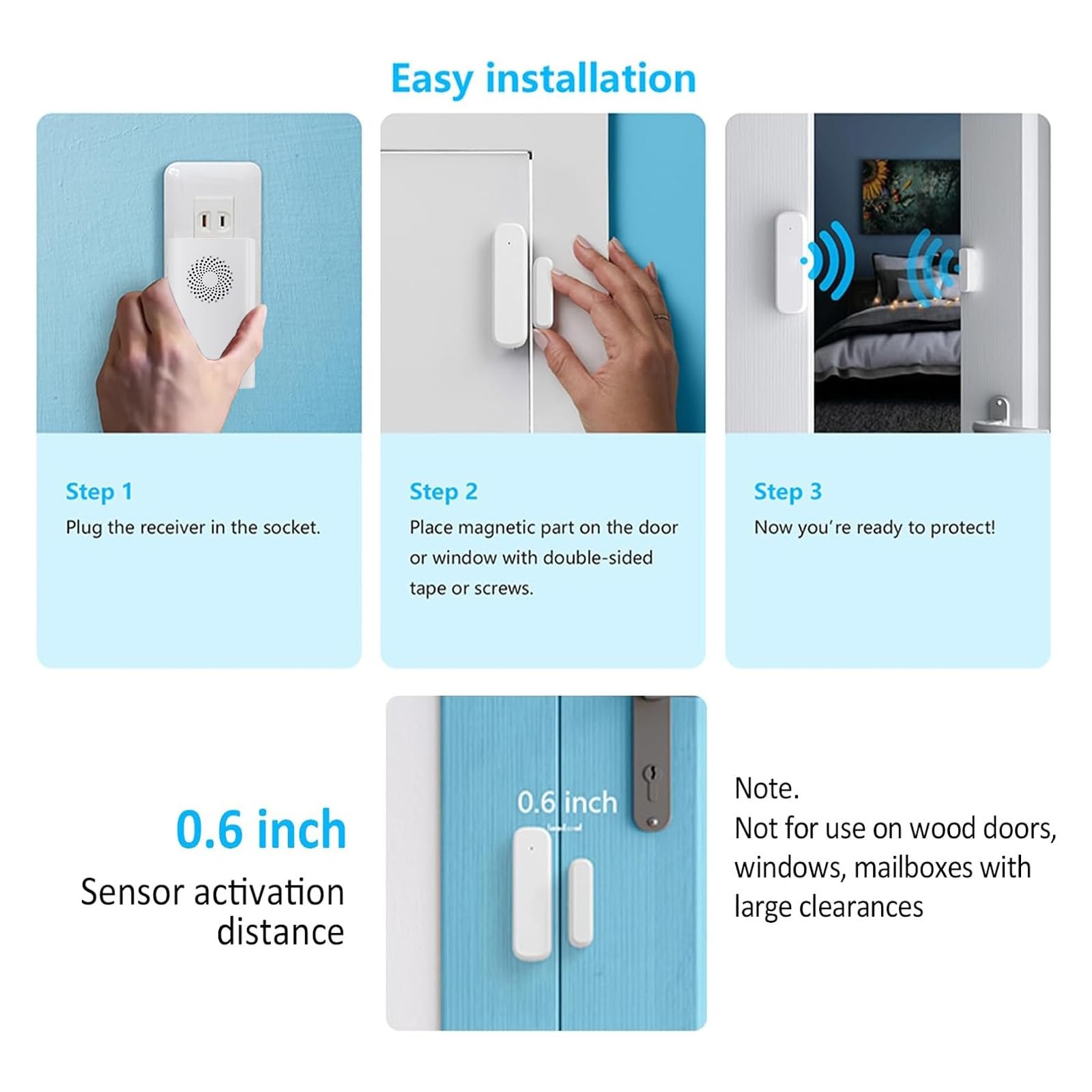 Wireless Door Sensor Chime, Open Alarm When Entry white