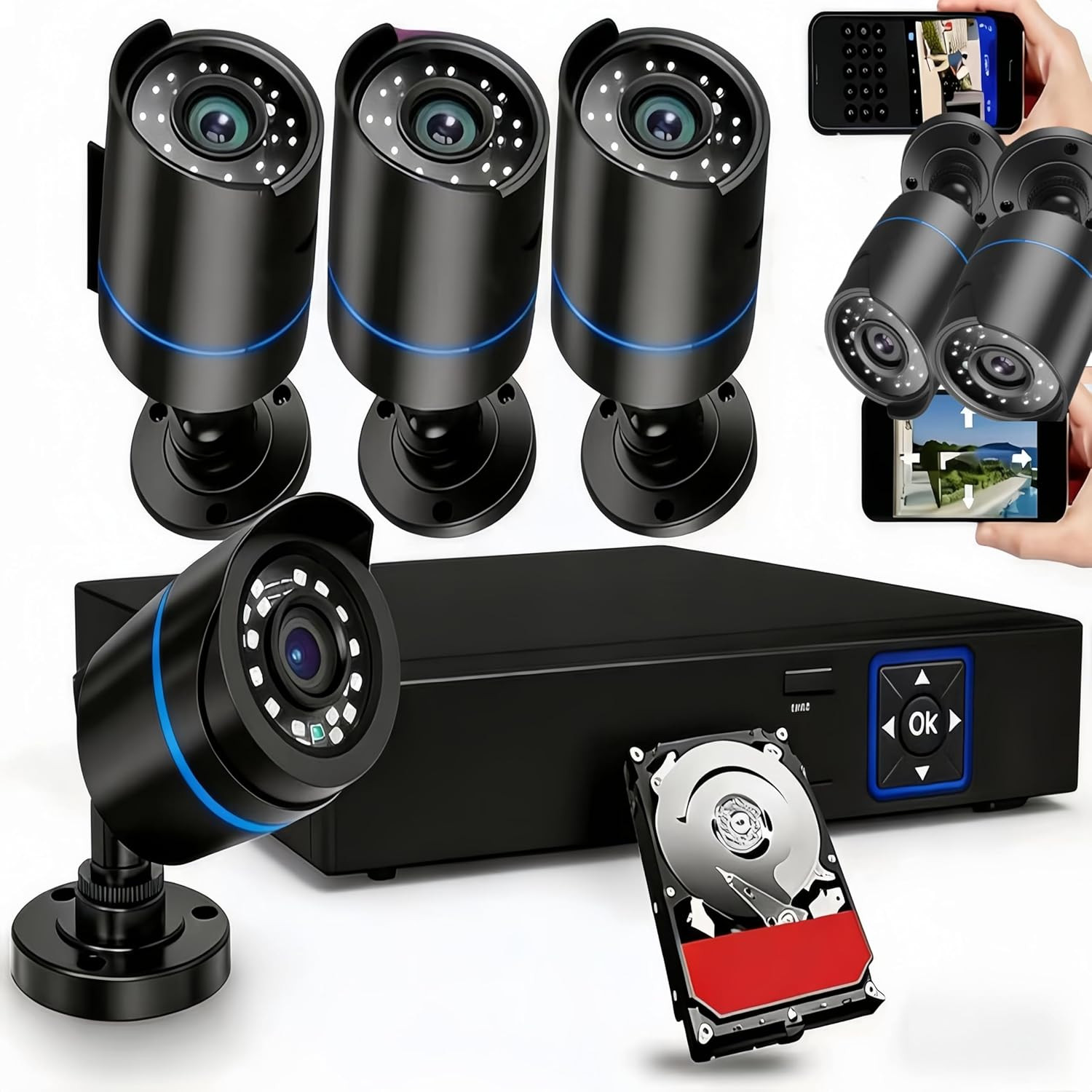 3000TVL Home Security System Surveillance DVR Camera Kits, 4Pcs Wired 5MP Poe IP