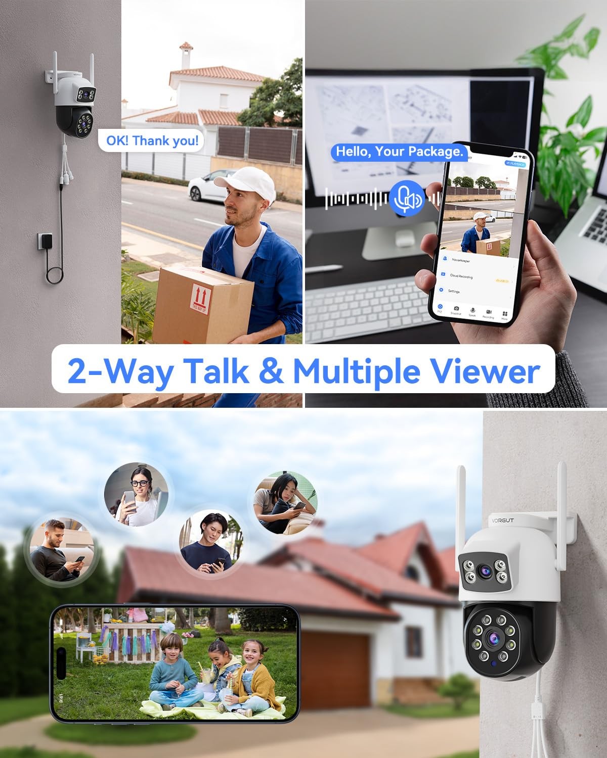 VORGUT Wireless Security Camera System Outdoor, 2pcs 2K Dual Lens PTZ Black