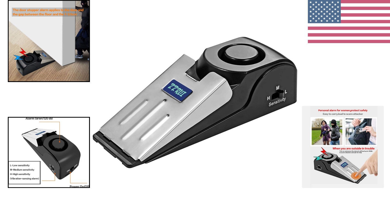 Portable Door Stop Alarm with 120dB Siren for Home Security & Travel Safety