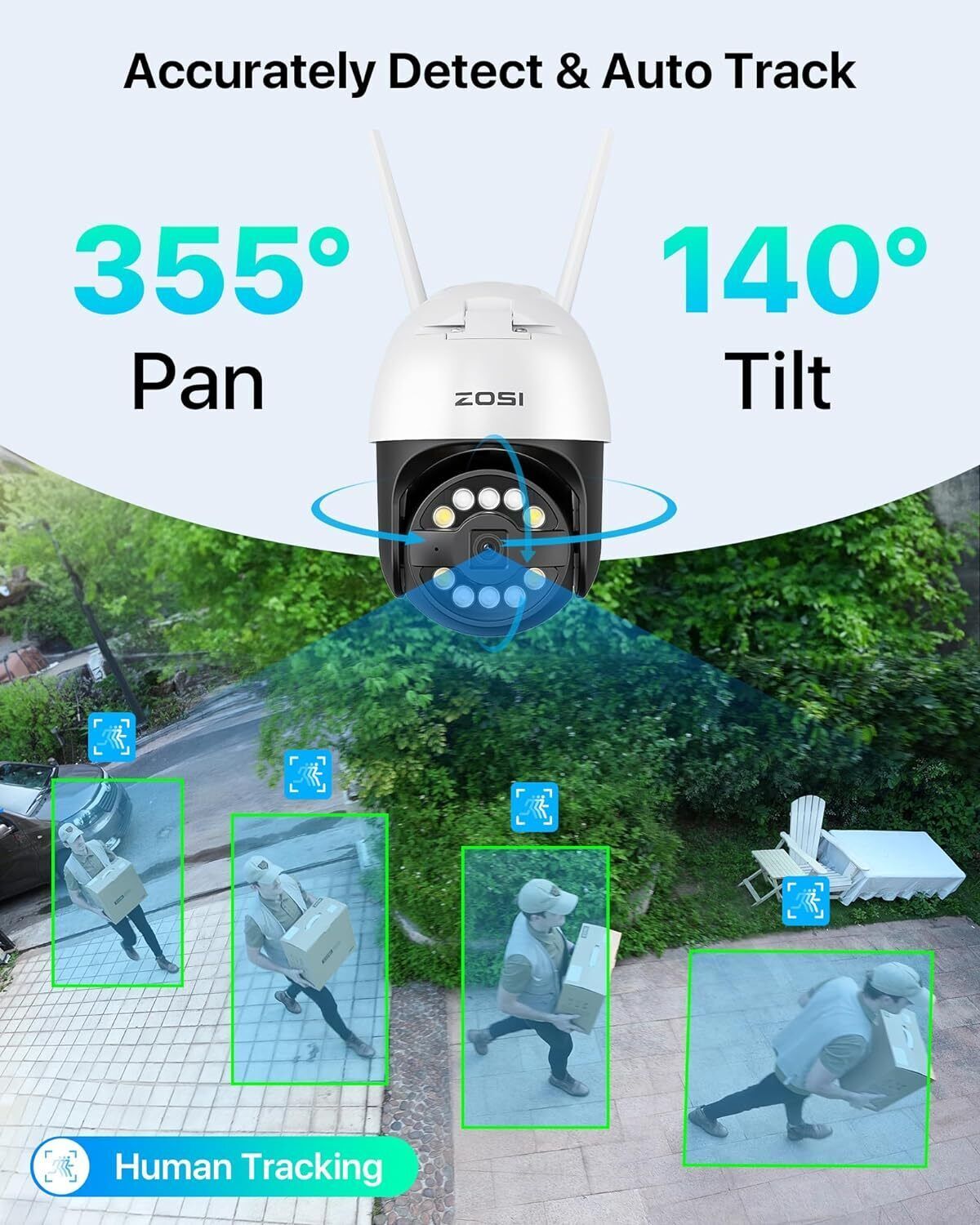 ZOSI 5MP PT WiFi Wireless Security Camera Audio AI Human Detect Night Vision