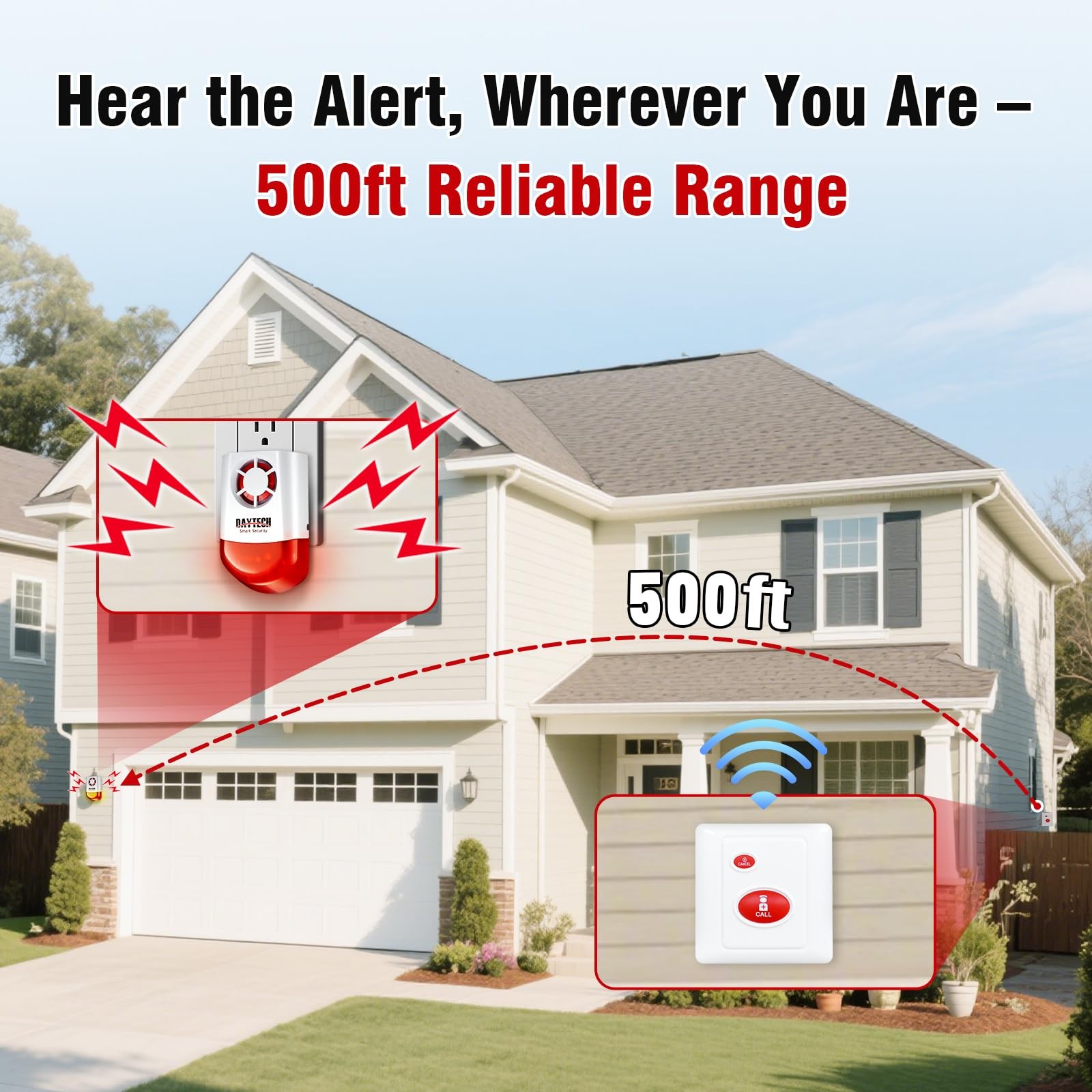 Daytech Wireless Panic Button Alarm-120dB Strobe Siren with Panic Buttons,
