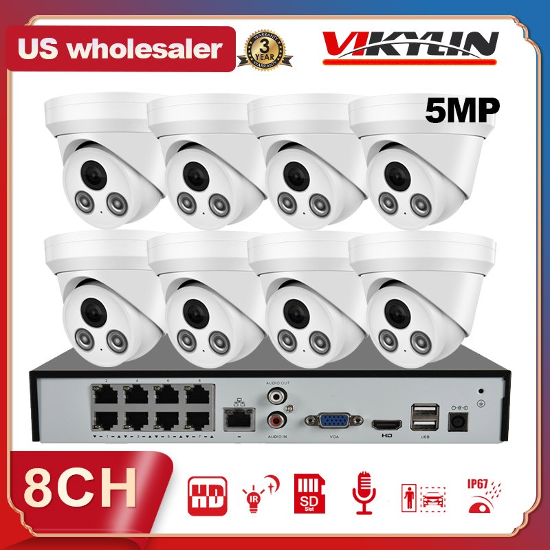 Vikylin 8CH 8 POE NVR CCTV System 5MP Security IP Camera MIC IR 30m Outdoor Lot