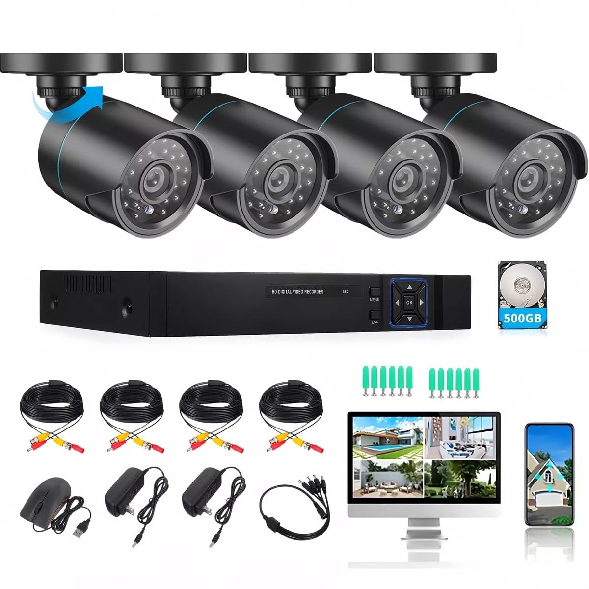 Home Security Camera System 3000TVL Surveillance DVR Kits, 4pcs Wired 1080P A…