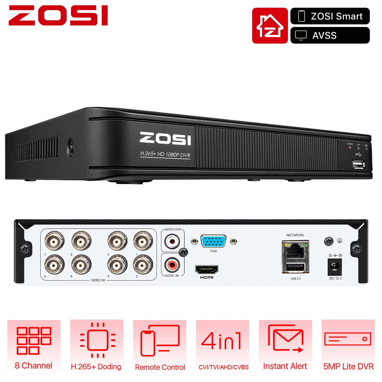 ZOSI 4-in1 1080p Security Surveillance CCTV DVR Recorder 8 Channel No Hard Drive