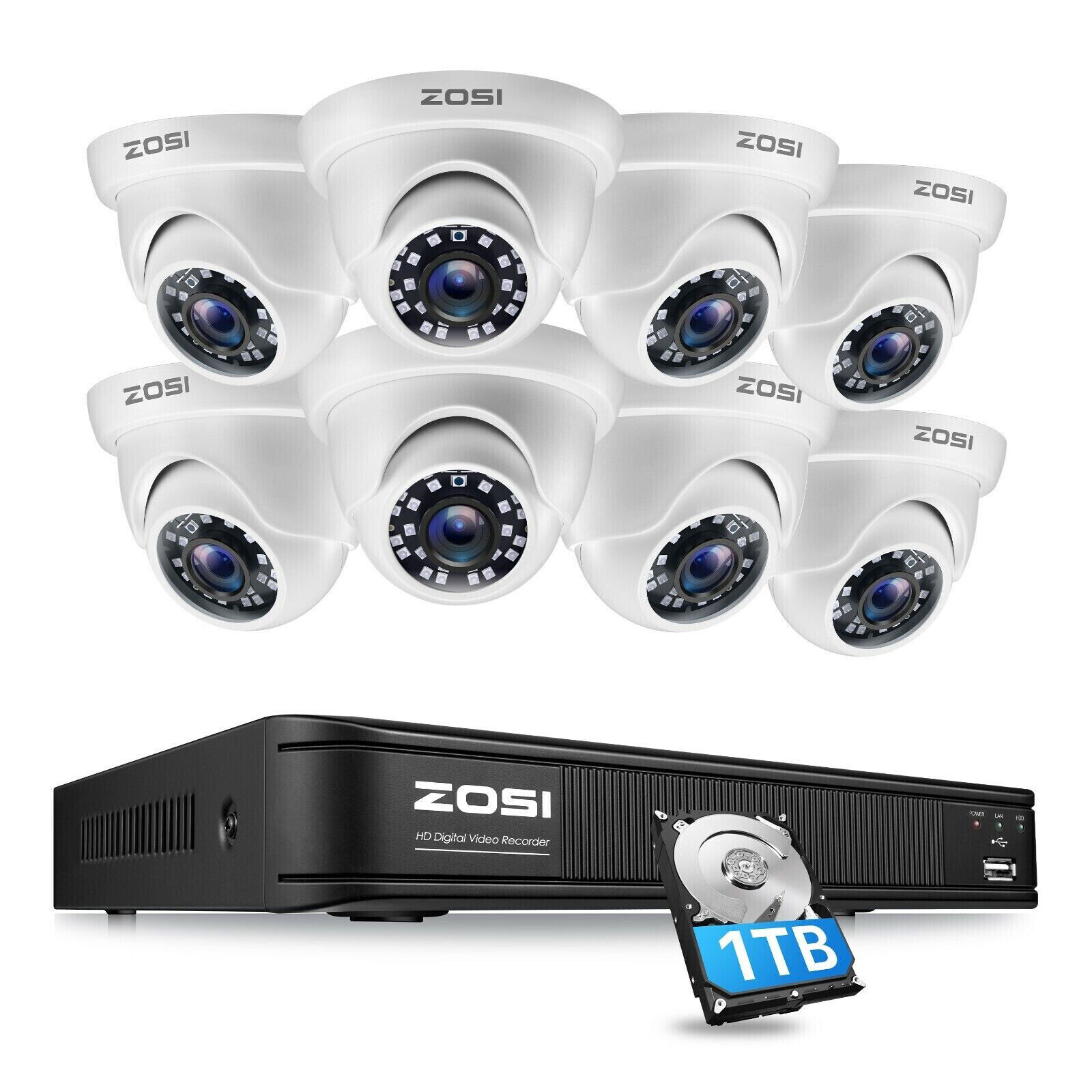 ZOSI 1TB 8CH 1080P DVR 1500TVL Outdoor IR LEDs Dome CCTV Security Camera System