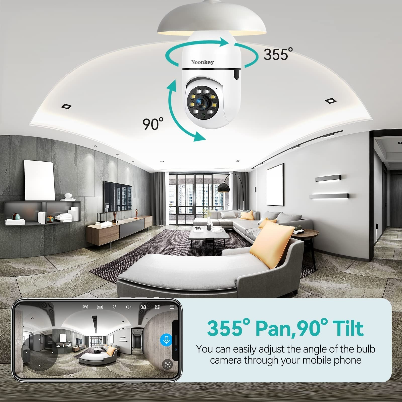 Noonkey 2K/3MP Light Bulb Security Camera, WiFi 360° Outdoor IP Camera