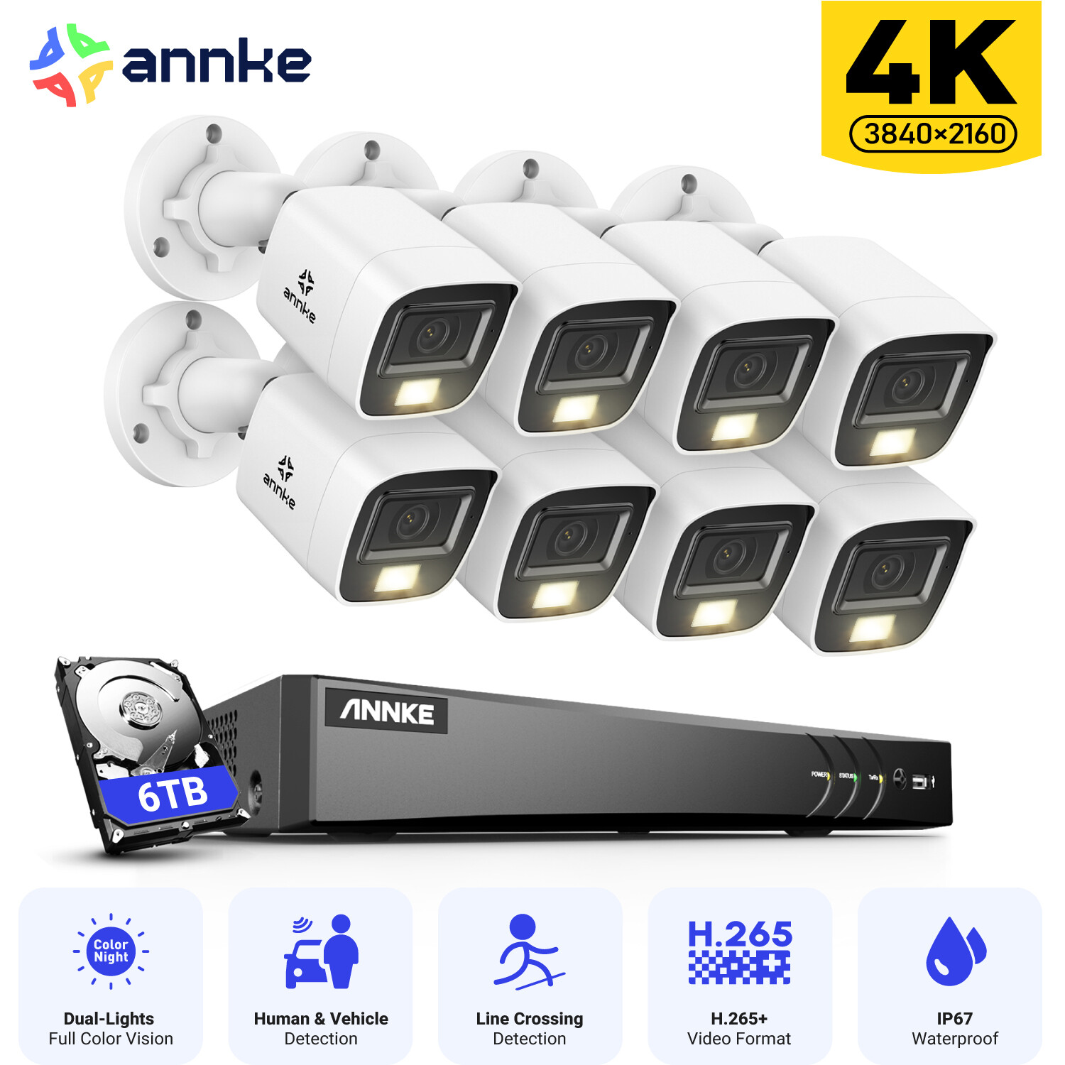 ANNKE 5IN1 8CH 4K DVR 8MP Security Camera System AI Detection IP67 Color Night