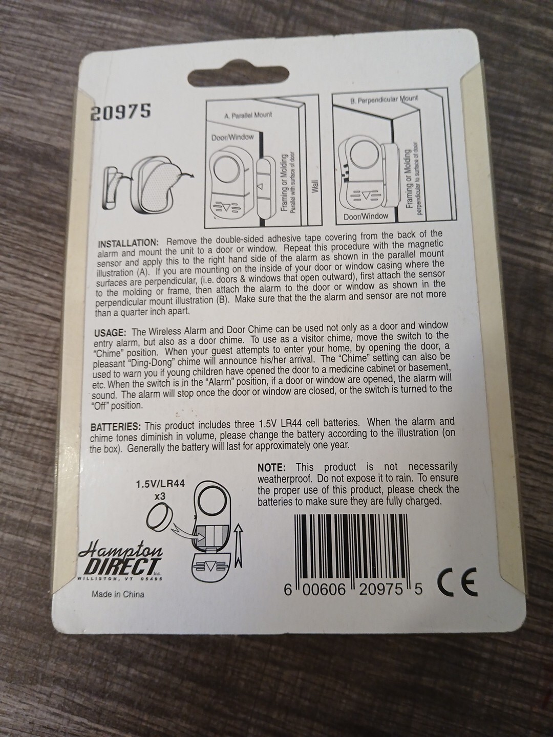 Wireless Home Security Alarm & Door Chime 20975 Battery Peel & Stick Install NIP
