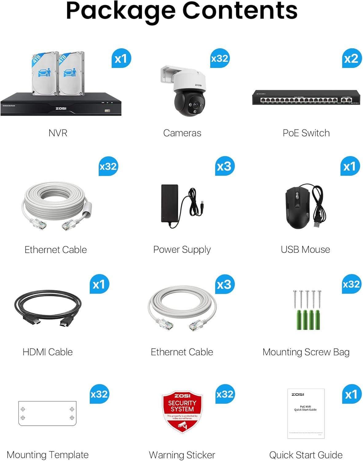 ZOSI 32CH 4K PoE Security Camera System 32 x 8MP Pan/Tilt PoE IP Camera with 8TB