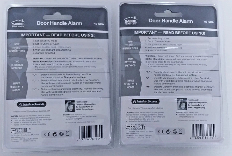 Sabre Door Handle Alarm Security With 2 Detection / 3 Operating Modes New 2 Qty