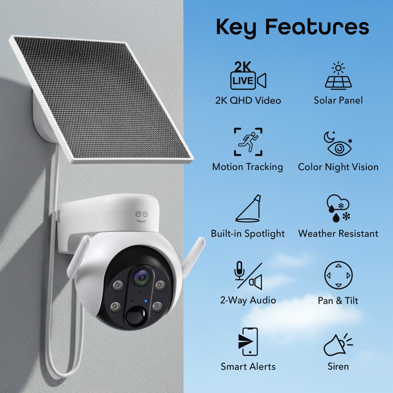 Geeni 3MP PTZ Solar Security Camera 2K WiFi Auto Tracking Outdoor Battery Camera