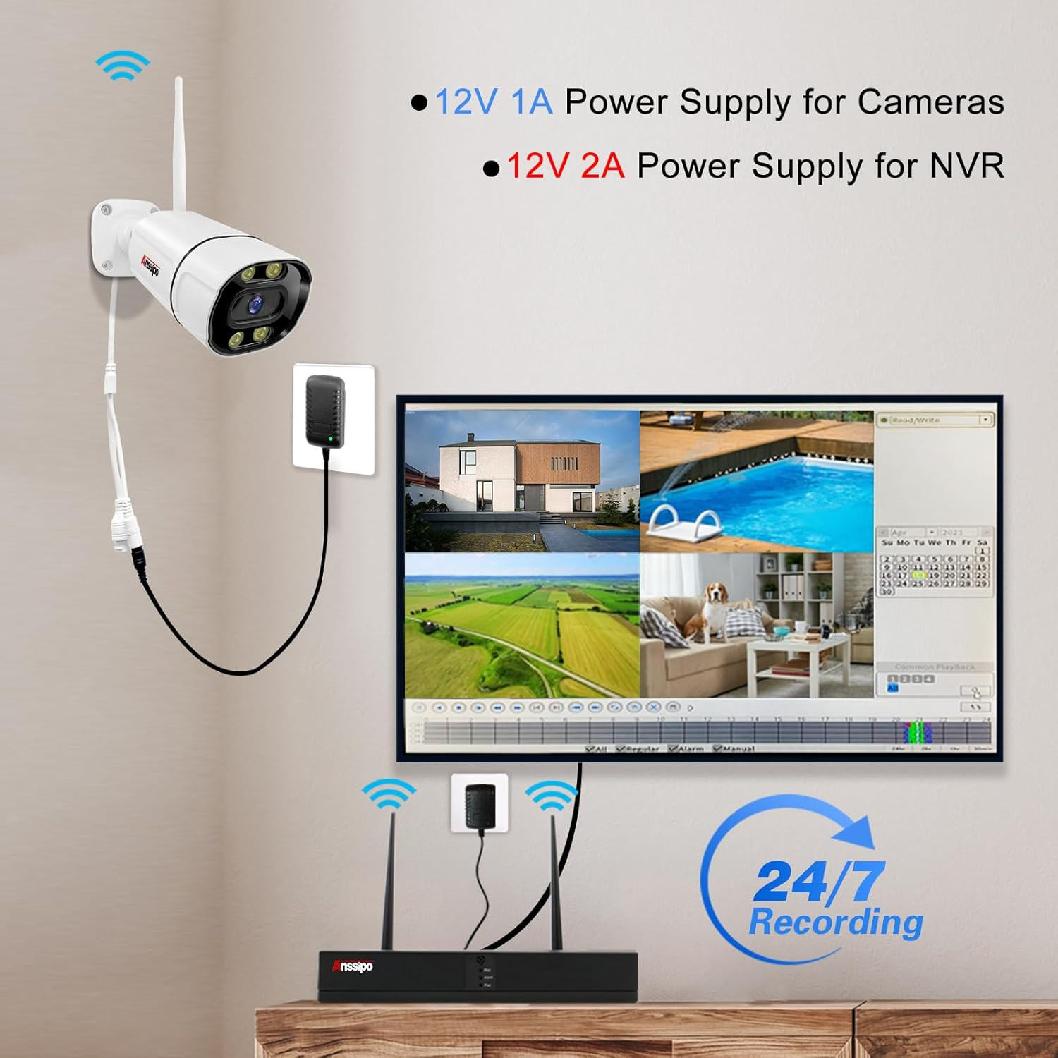 4K Wifi Security Camera System, 4X 3MP Plug-In Home Security Cameras 24/7 Record