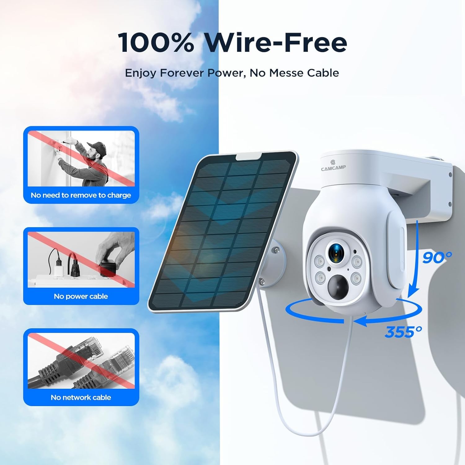 Solar Powered Wireless Security Camera System Outdoor 4MP Wifi PTZ Camera 500GB