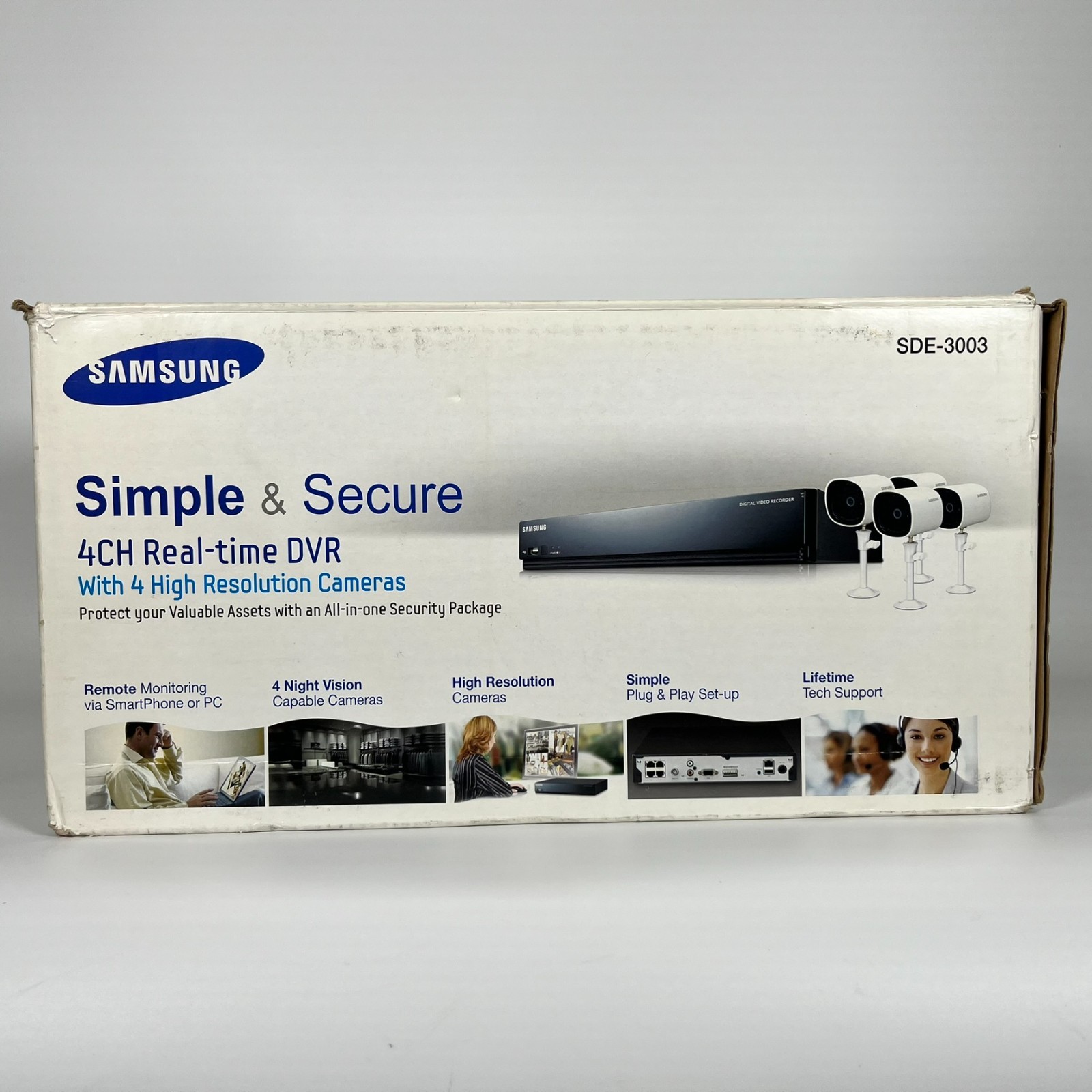 Samsung 4CH Real-Time DVR w/ 4 Hi-Res Cameras 1TB HDD #SDE-3003 New Open Box