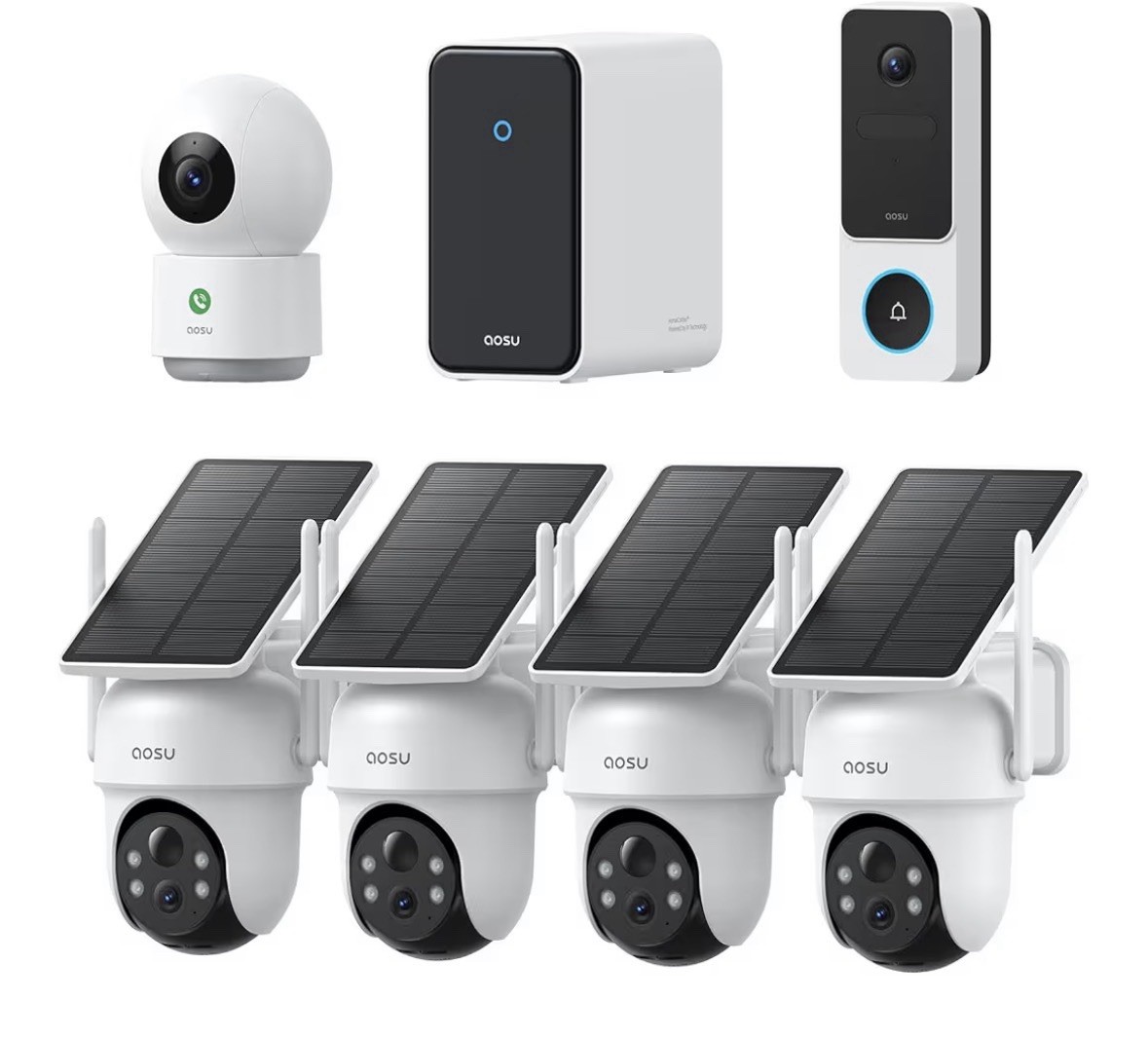 AOSU 3K Solar Security Camera System 4 Cam Kit + 2K Doorbell & Indoor Cam NEW