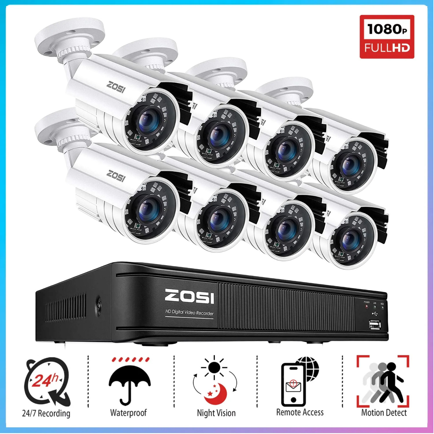 ZOSI H.265+ 3K Lite 8CH DVR Security Home 2MP Camera System Alerts Push Wired