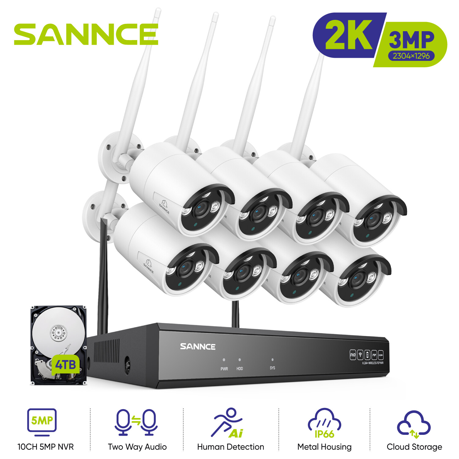 SANNCE 3MP Wireless IP Security Camera System 5MP 8CH NVR WIFI 2 Way Audio CCTV