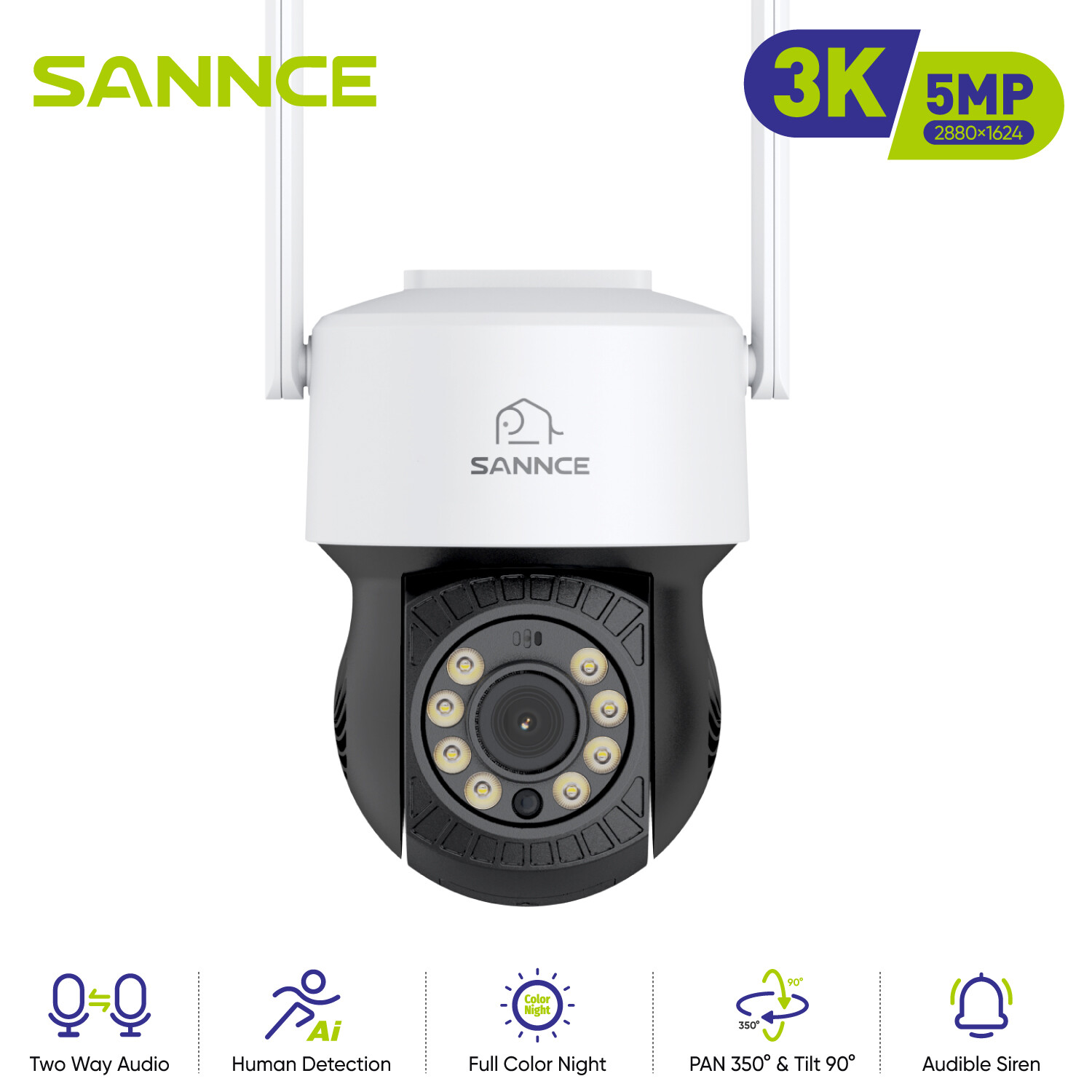 SANNCE 5MP Wireless PT Outdoor CCTV Security Camera WiFi 2 Way Audio Full Color
