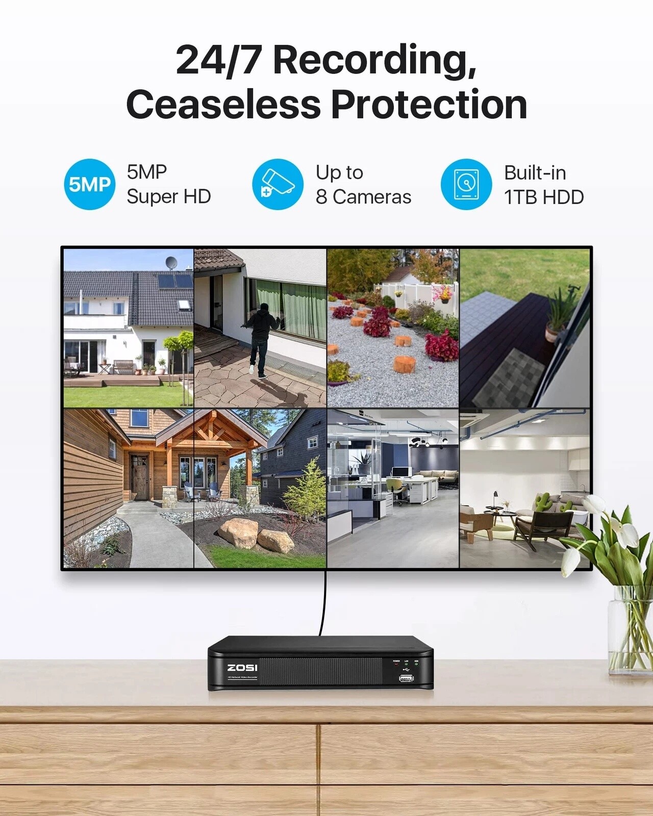 ZOSI 8CH H.265 5MP POE NVR Bullet IP Outdoor Camera System Night Vision 1TB HDD