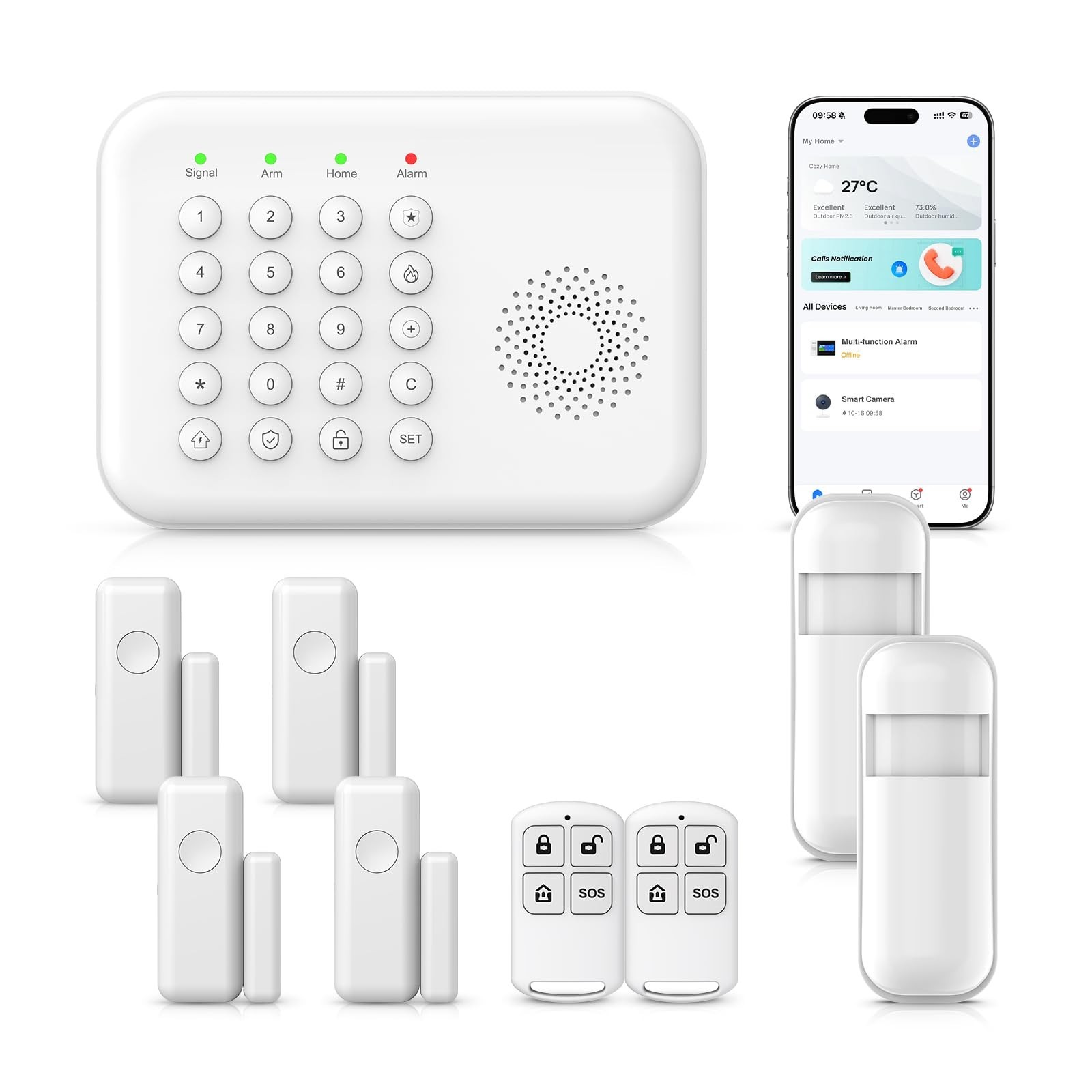 Home Security Alarm System WiFi GSM 4G, Door Sensors & Motion Detectors, No Fees