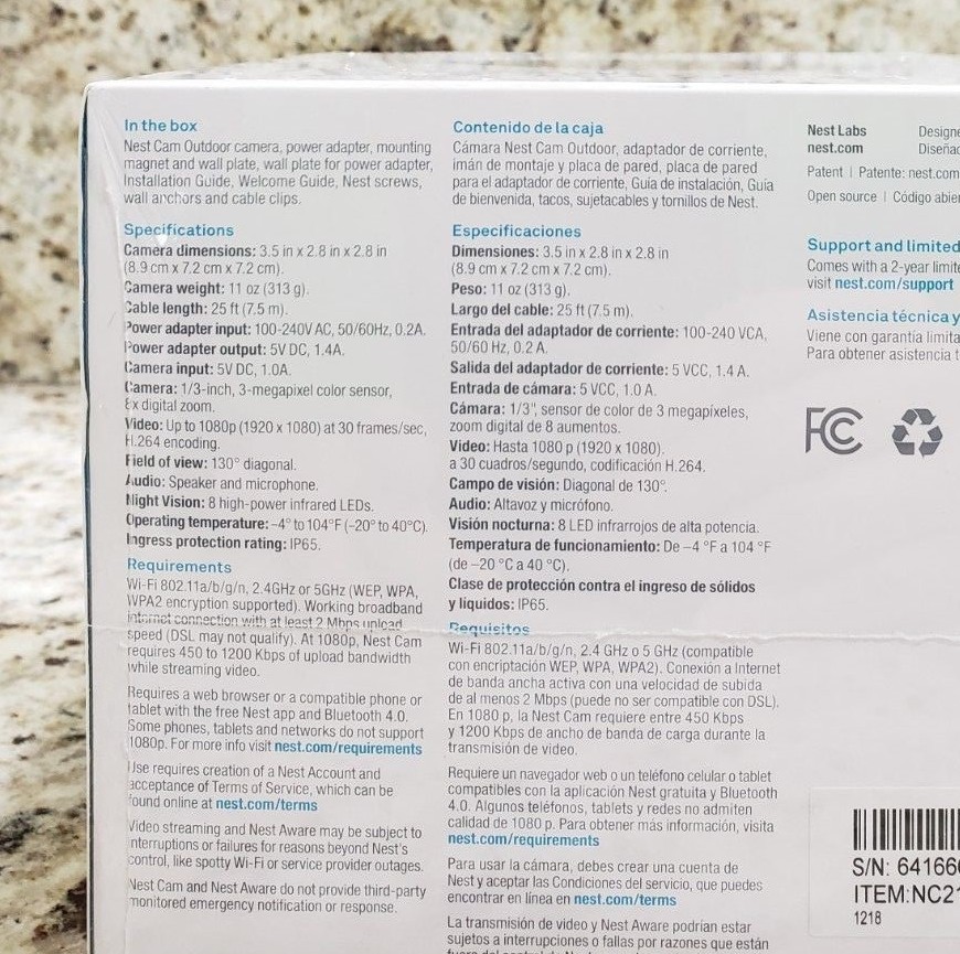 NEST Cam Outdoor Security Camera Model NC2100ES – Sealed NEW (Not Google Cam)