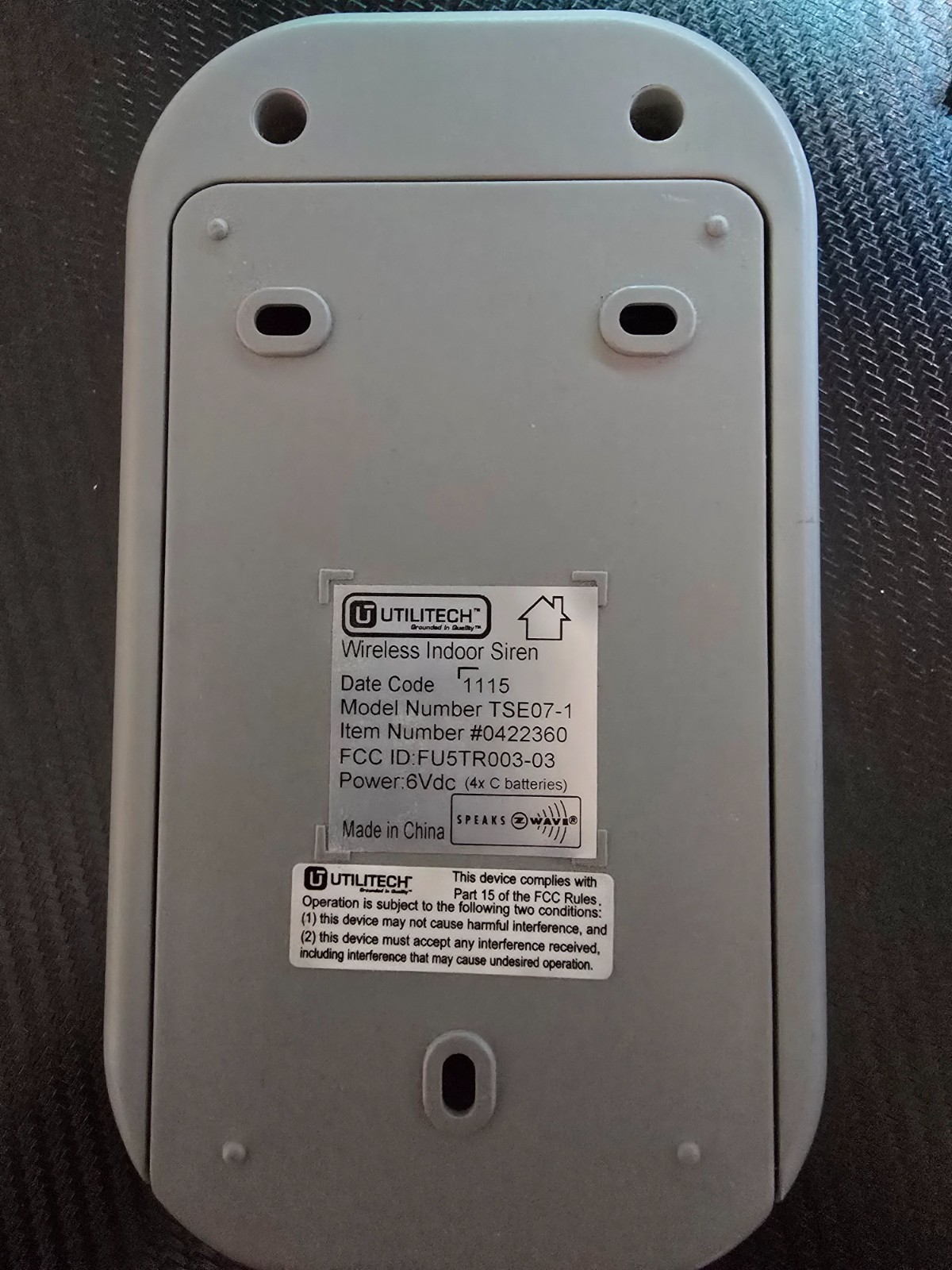 Utilitech Wireless Indoor Siren Z-wave Model TSE07-1 Iris Security System