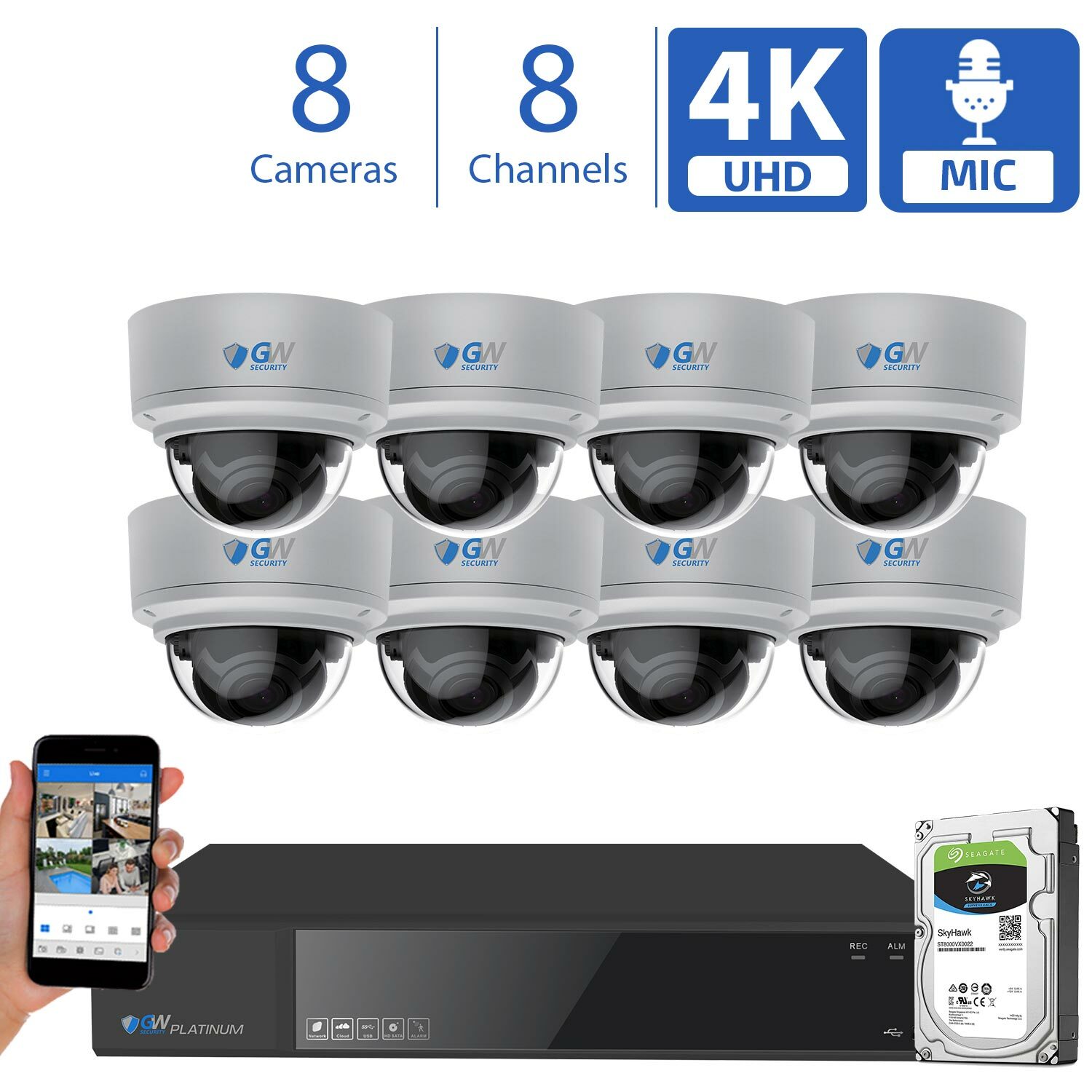 8 Channel NVR (8) 4K Microphone Varifocal AI IP PoE Dome Security Camera System