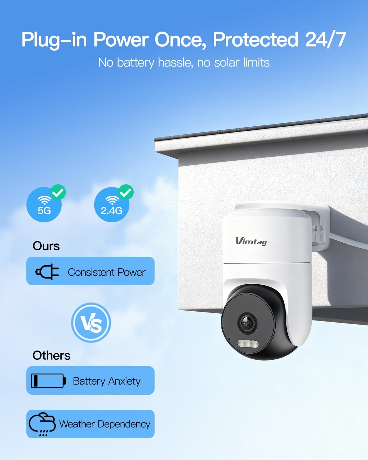 VIMTAG 2.5K 4MP Outdoor Security Camera, Pan/Tilt WiFi Home CCTV Black&White