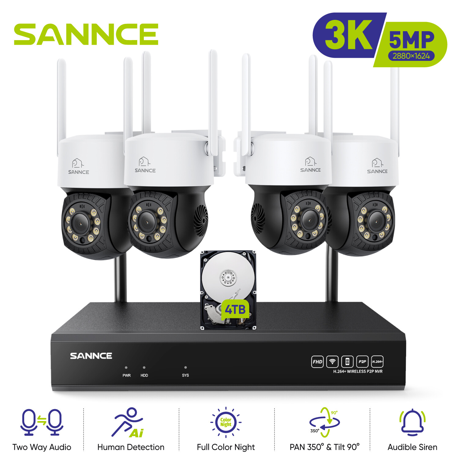 SANNCE 5MP 16CH 4PCS Wireless PT Security Camera System Two-Way Audio IP66 AI