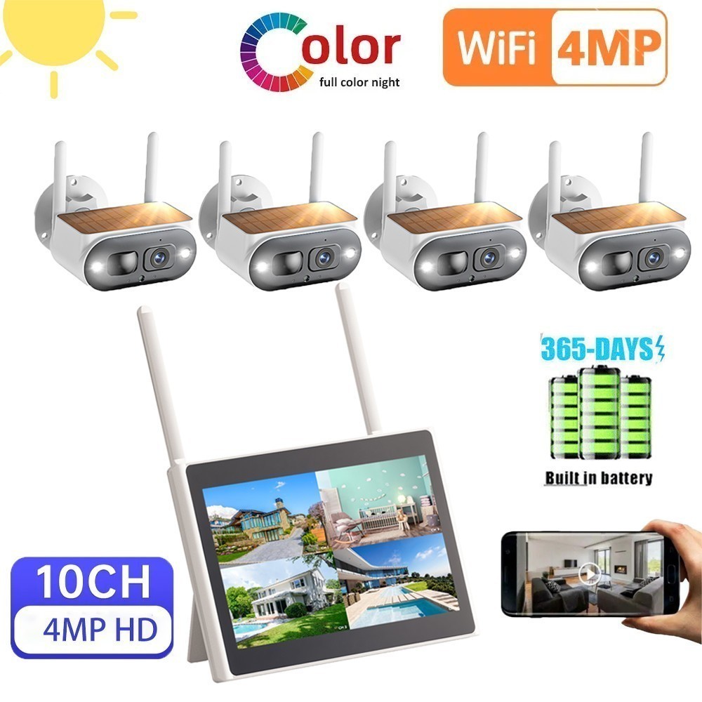 Solar Battery Powered Wireless Security Camera System Outdoor w/ 10″ Monitor NVR