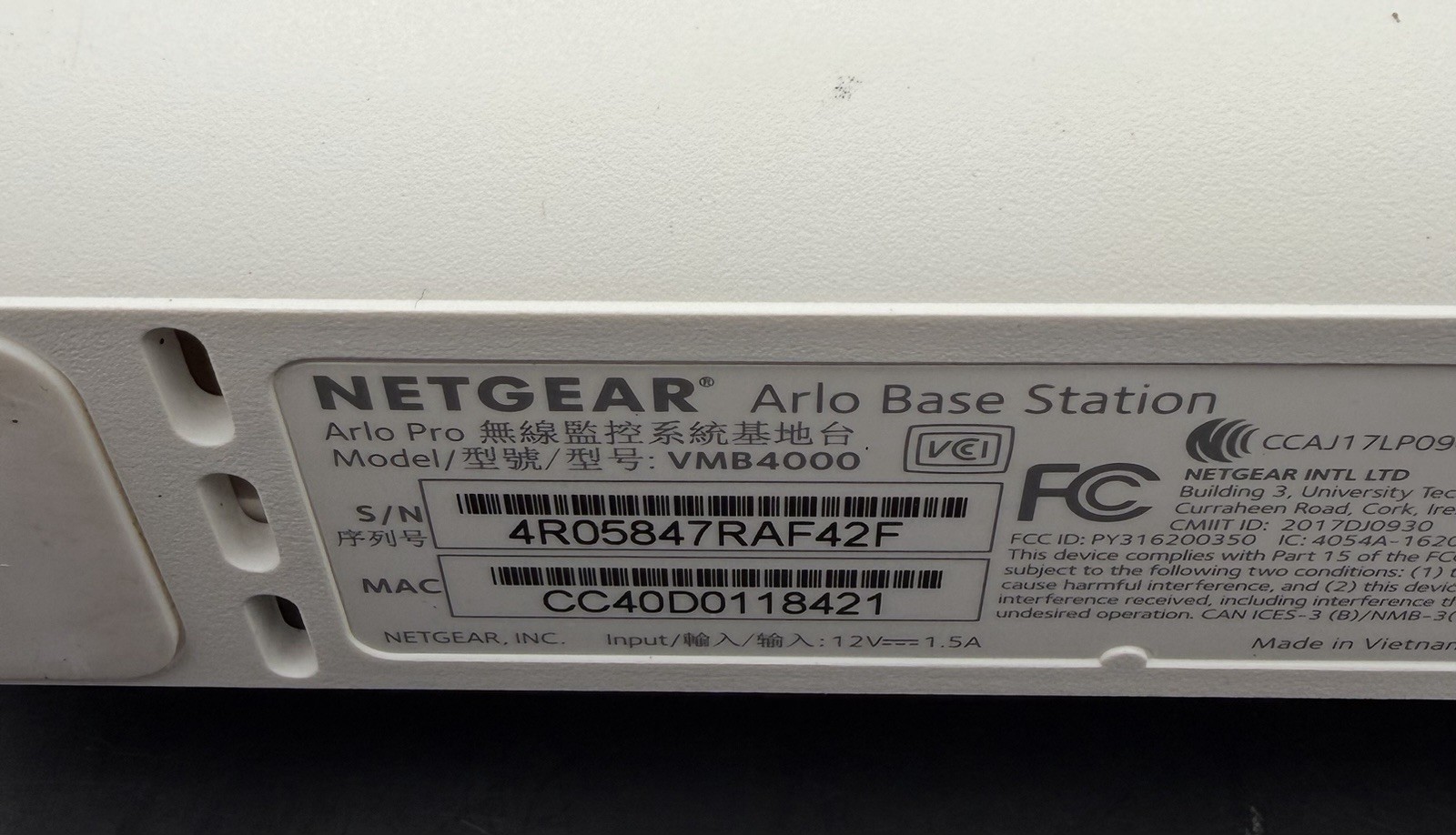 Netgear Arlo Pro Base Station VMB4000 Smart Home Hub No Power Cord