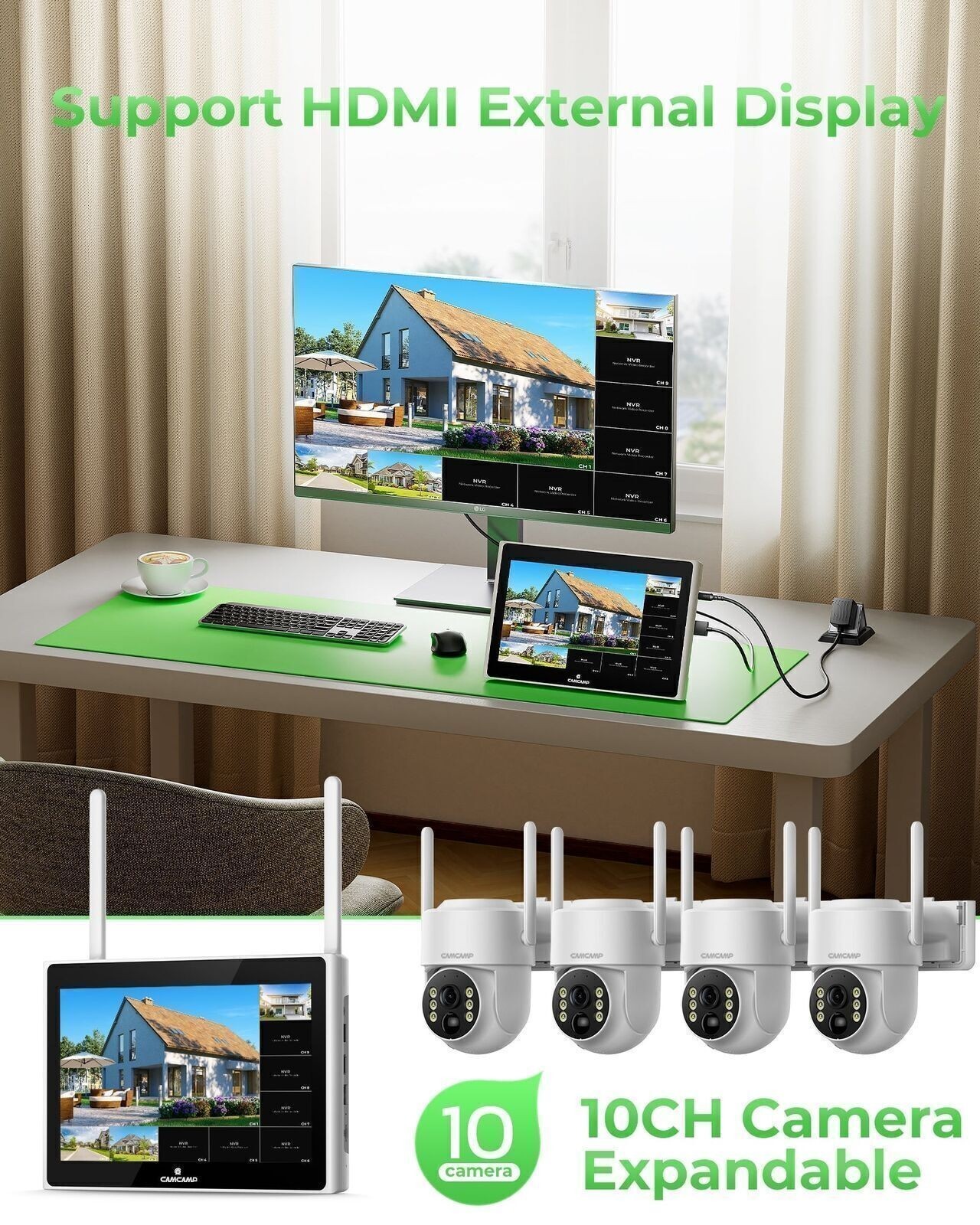 Solar Security Camera Wireless Outdoor with 10″ Monitor NVR System Night Vision