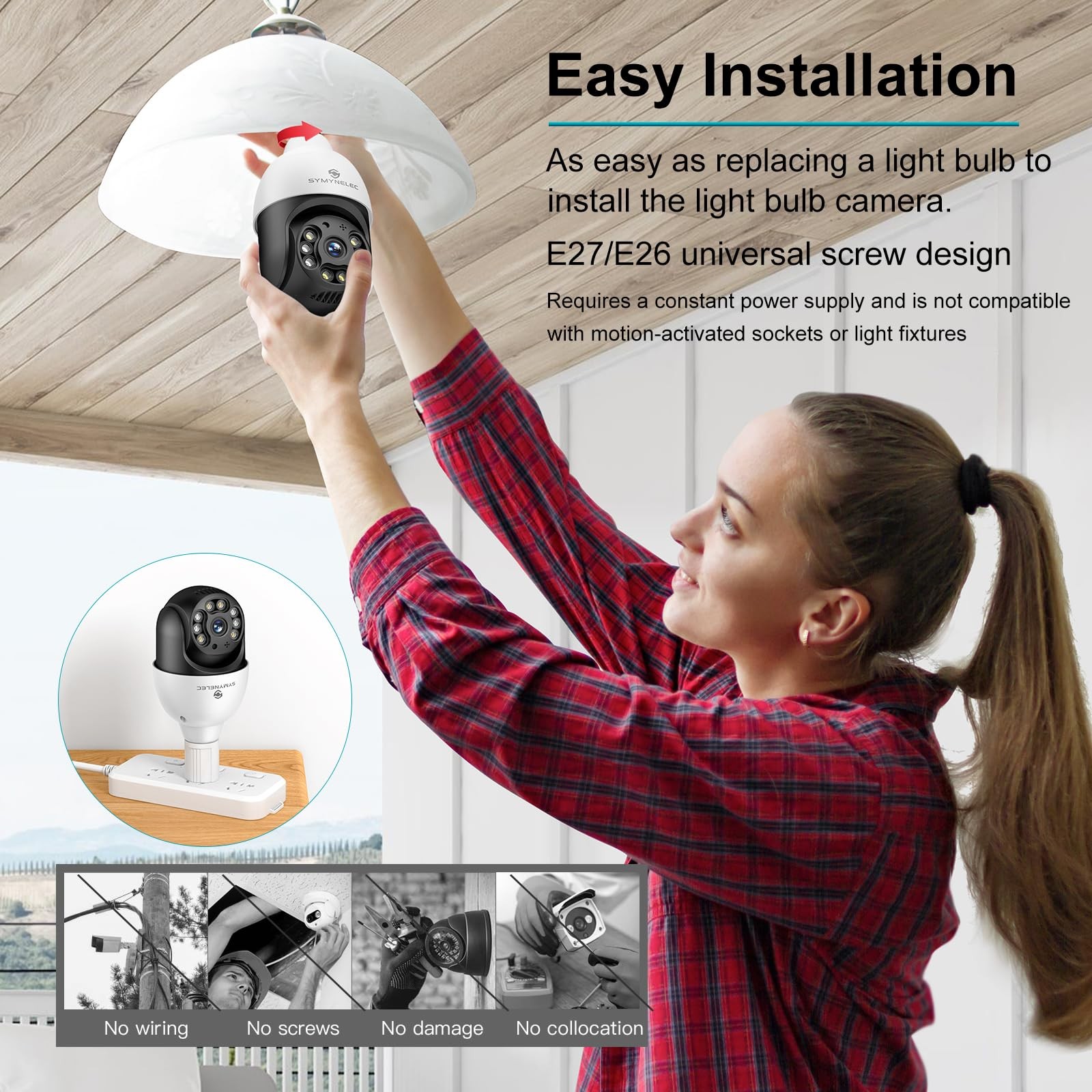 SYMYNELEC Light Bulb Security Camera Outdoor 2.4GHz Only, Only