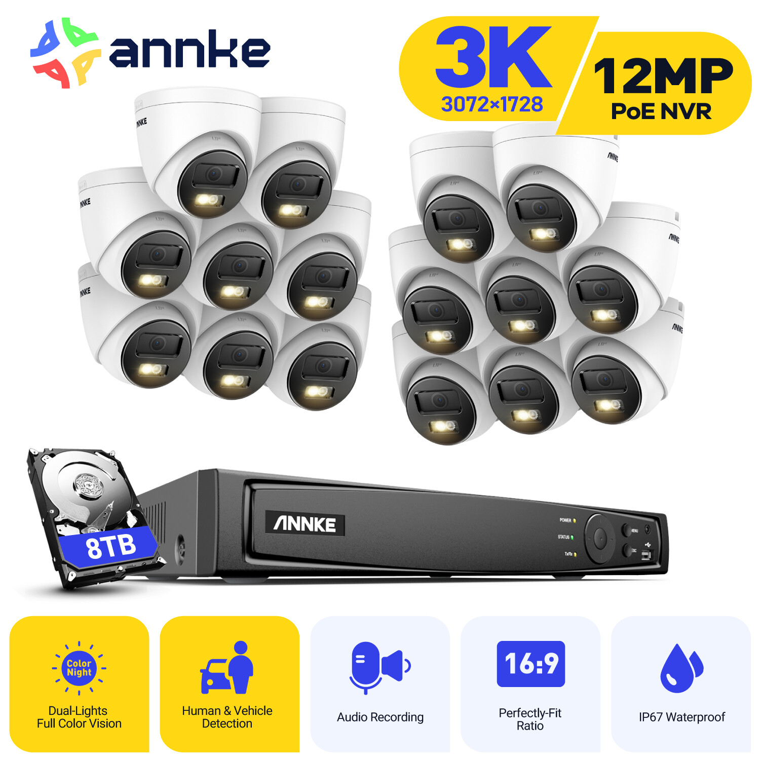 ANNKE 16CH 12MP NVR 5MP Audio POE Security Camera System Outdoor AI Color Night