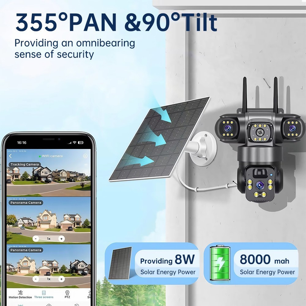 4PCS 16MP 4G SIM Solar Battery Security IP Camera Outdoor Home 4 Lens PTZ CCTV