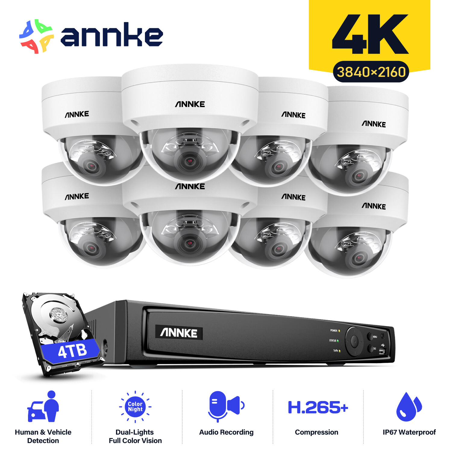 ANNKE H.265+ 12MP 8CH NVR 8MP Audio POE Security Camera System Color Night CCTV