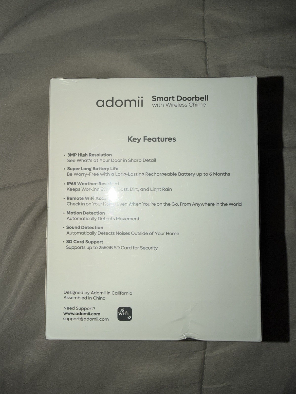 Adomii Wireless Video Doorbell Motion Security Camera w/ Chime Rechargeable