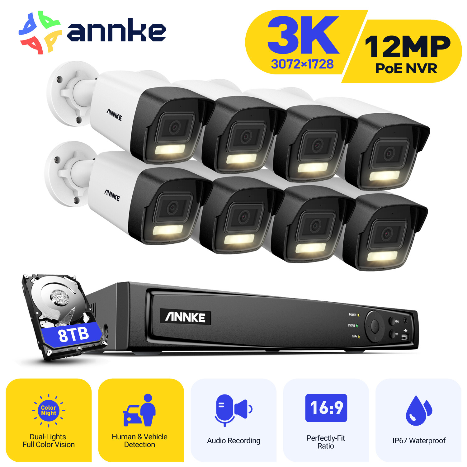 ANNKE 8CH 12MP NVR 5MP POE AI Color Night Security Camera System Audio Recording