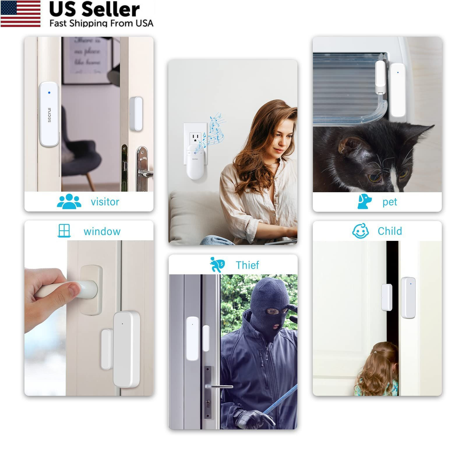 Door Chime When Opens, Opened Alarm for 1 Receiver+2 Sensor, White