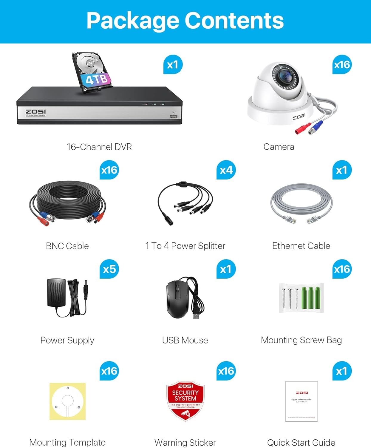 ZOSI H.265+16CH 1080P Security Camera System 16xOutdoor CCTV Dome Camera 4TB HDD