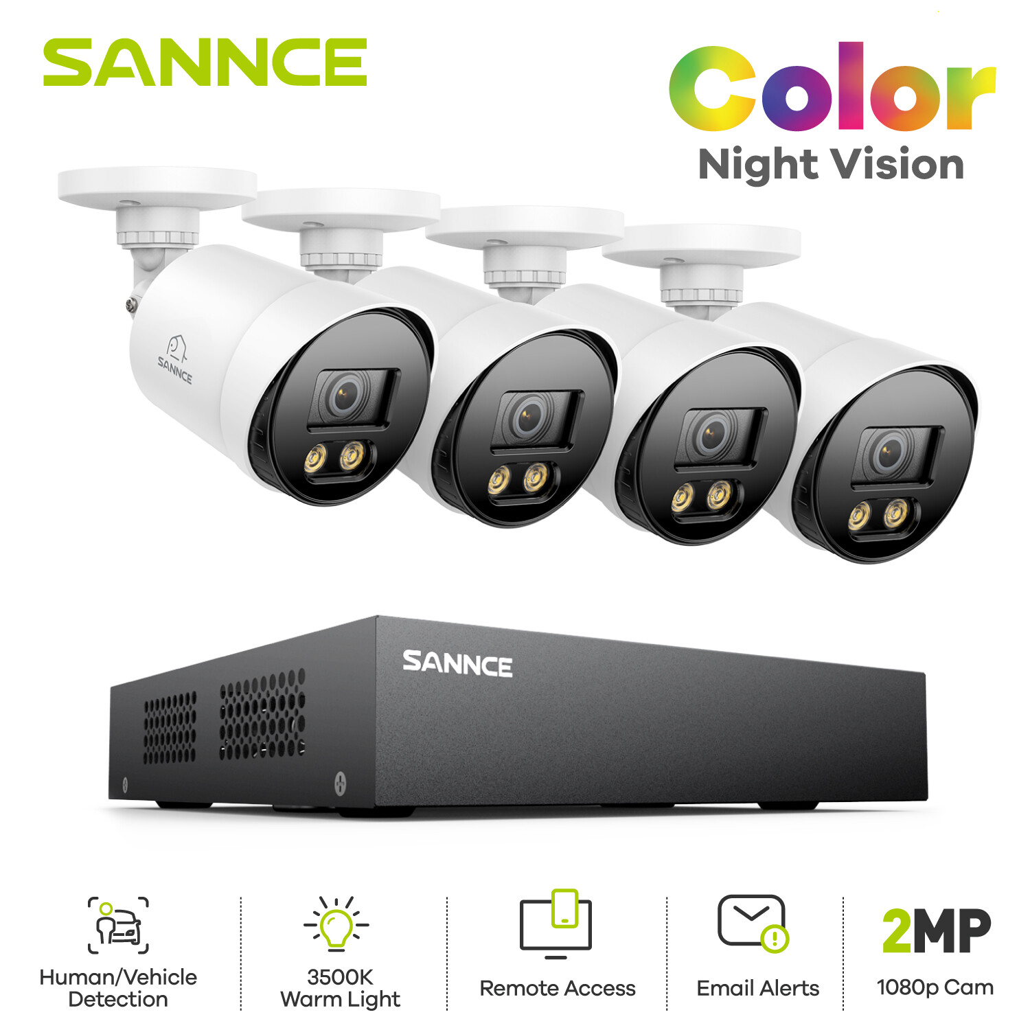 SANNCE 5in1 8CH DVR 1080P Full Color Security Camera System Outdoor AI Detection